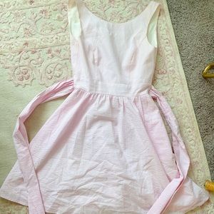 Lauren James Pink Seersucker Bow V Back Dress, XS